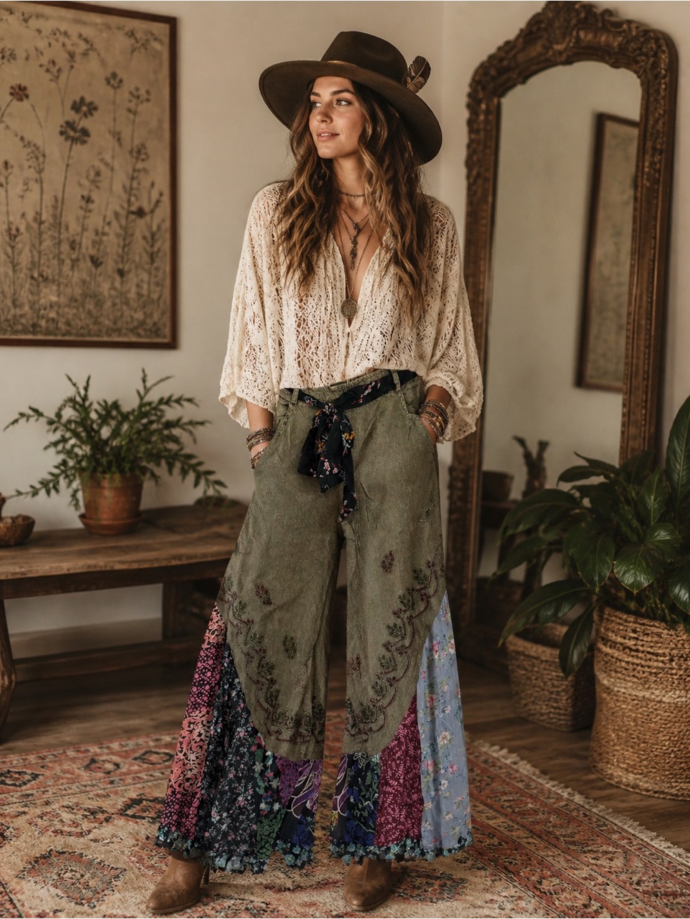 Young Threads Boho Patchwork Wide Leg Pants NWT Size M Festival Gypsy